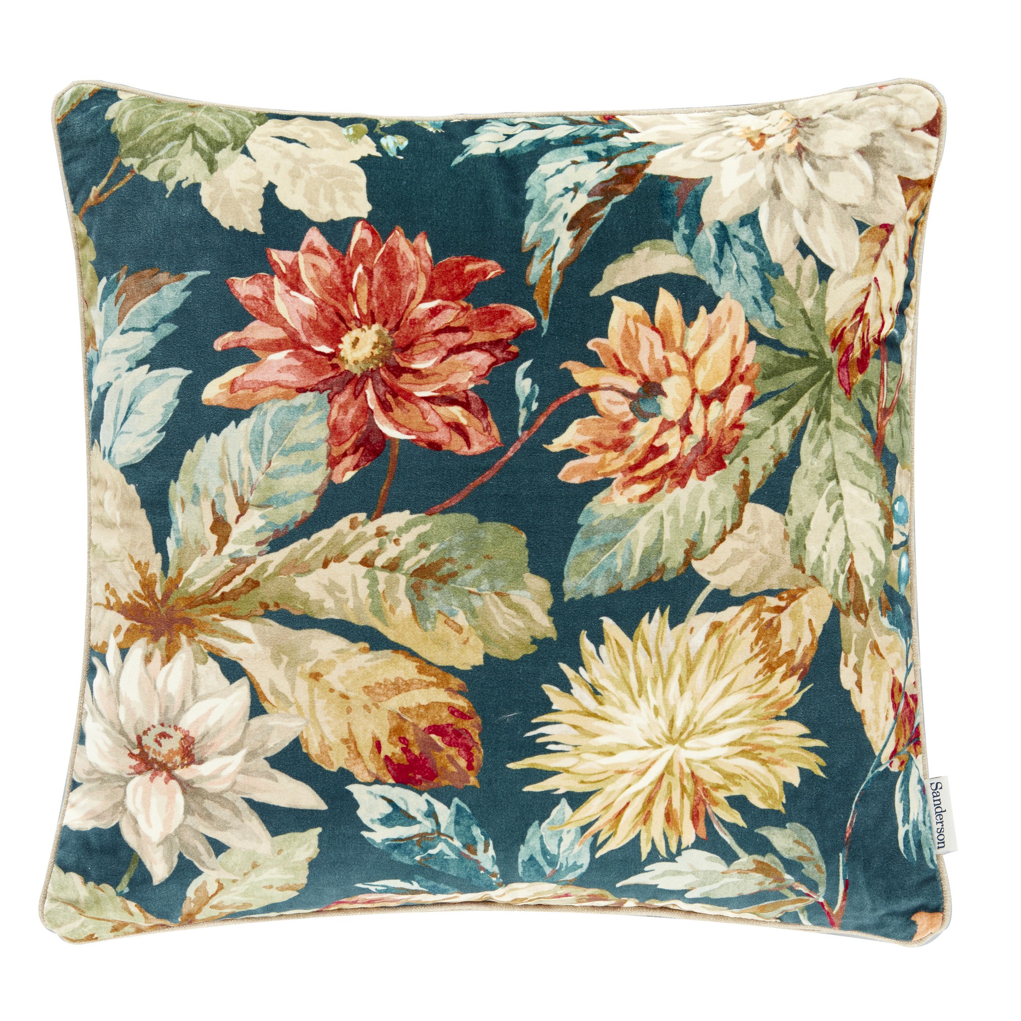 Dahlia Rosehip Velvet Cushion By Sanderson In Teal